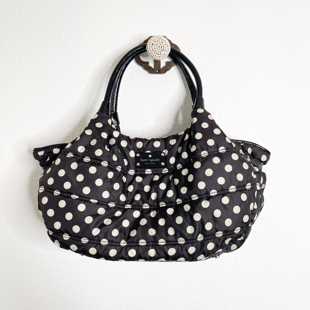 Kate Spade New York Black White Polka Dot Quilted Nylon Tote Shoulder Bag